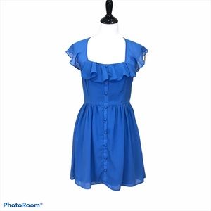 PINKY ruffle square neck open triangular back side zip blue chiffon dress